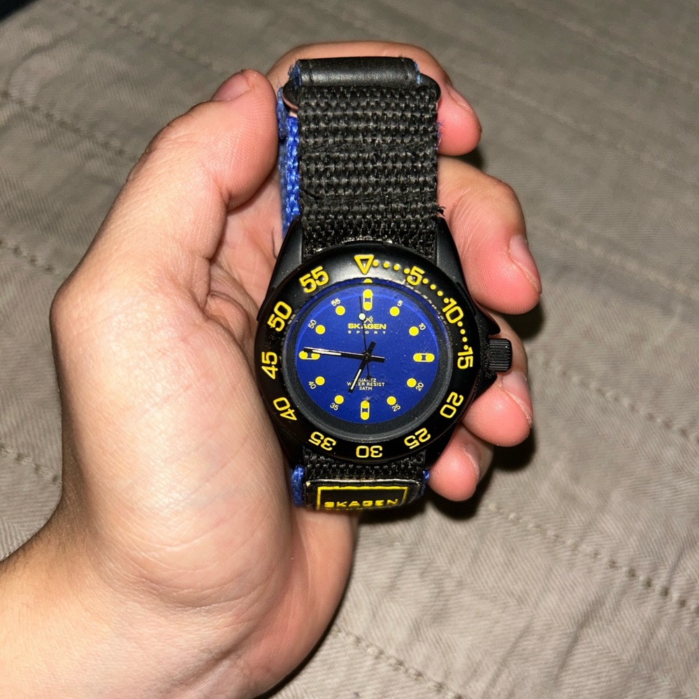 Vintage Skagen Denmark Black and Blue Men's Watch with Yellow Accents